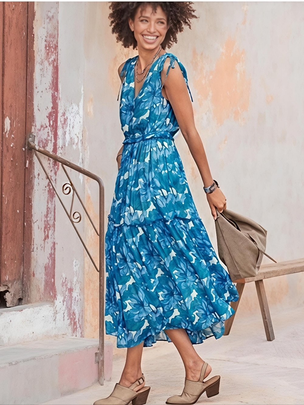Sundance Maren Meadow Blue Floral Tiered Midi Dress Cottagecore Sundress S
